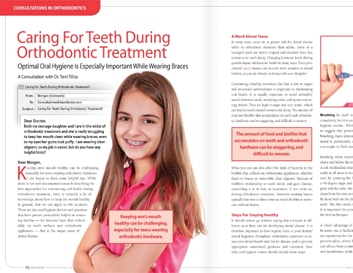 Young woman in pink shirt smiling while holding orthodontic care information brochure.