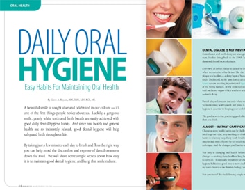 Magazine article layout about daily oral hygiene with colorful photos of people smiling and dental care products.