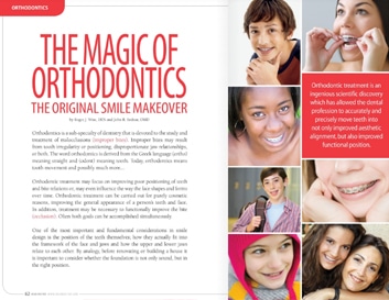 Magazine spread featuring "The Magic of Orthodontics" with smiling patients displaying successful smile transformations and results.