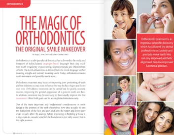 Magazine spread about orthodontics featuring smiling patients displaying results of dental treatments and braces.