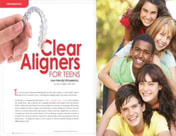 Clear aligners for teens article with family photo showing smiling teenagers and parents outdoors.