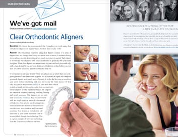 Magazine spread about clear orthodontic aligners showing product details and smiling patients in dental office setting.