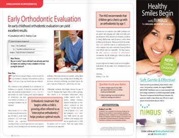 Orthodontic brochures featuring early evaluation information and healthy smile guidance with professional dental imagery.