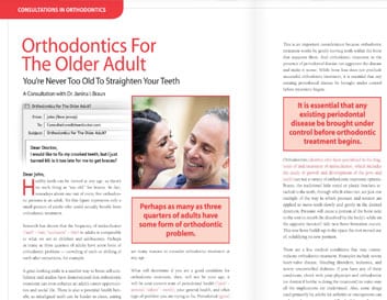 Magazine article about orthodontics for older adults with dentist examining patient in clinical setting.