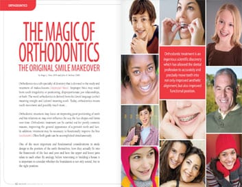Magazine spread featuring "The Magic of Orthodontics" with smiling patients displaying results of orthodontic treatment.