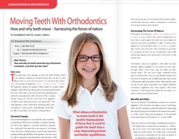 Young girl wearing glasses smiling at camera, orthodontics article about moving teeth with braces visible.