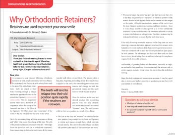 Magazine spread about orthodontic retainers with sleeping child and informational text boxes.