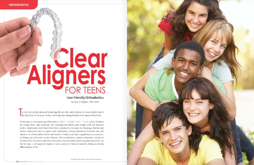 Clear Aligners product page featuring family smiling outdoors and close-up of aligner tray.