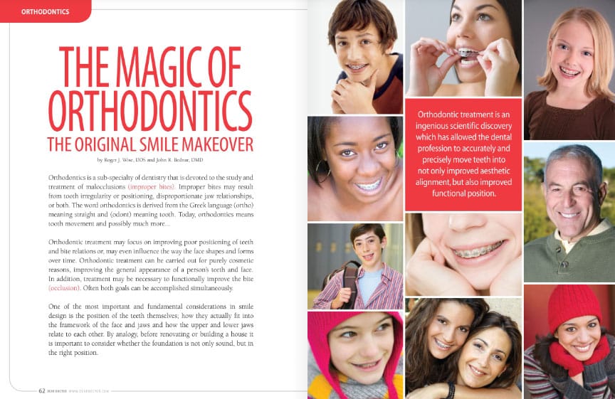 Collage of smiling patients displaying orthodontic results with "The Magic of Orthodontics" headline on red background.