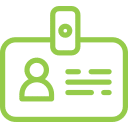Green icon showing user profile with document details on clipboard for patient records management.