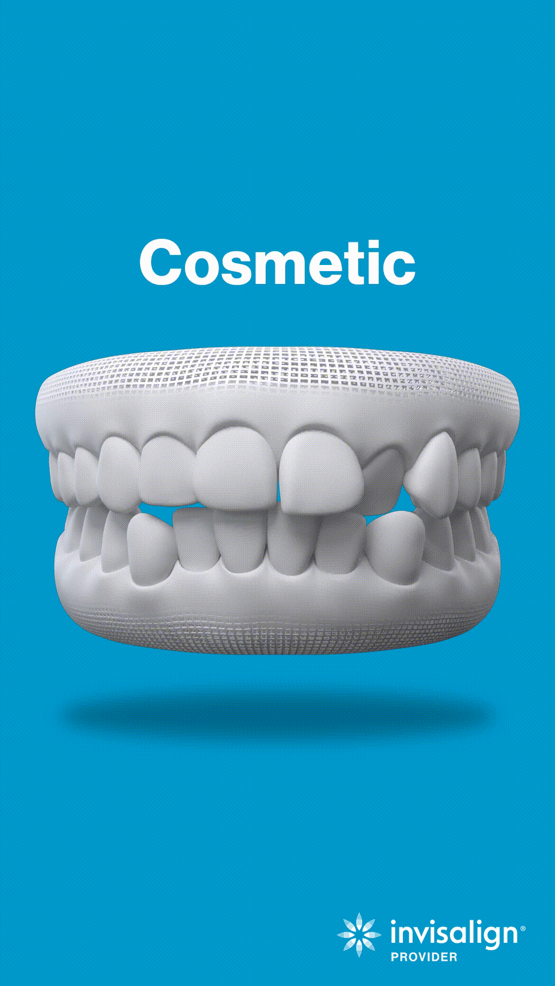 3D dental model showing teeth alignment on blue background labeled Cosmetic for Invisalign orthodontics.