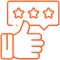 Thumbs up hand with three stars above, representing positive customer review and satisfaction rating.