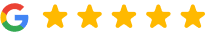 Google logo with five yellow stars indicating a five-star customer rating for Toombs Orthodontics.